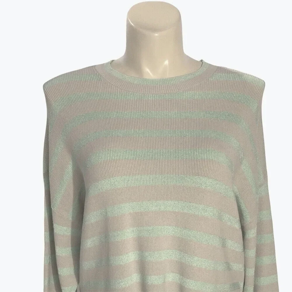 NWT‎ Ann Taylor Sweater XL Mint Green Beige Stripe Long Sl Side Slits Ribbed